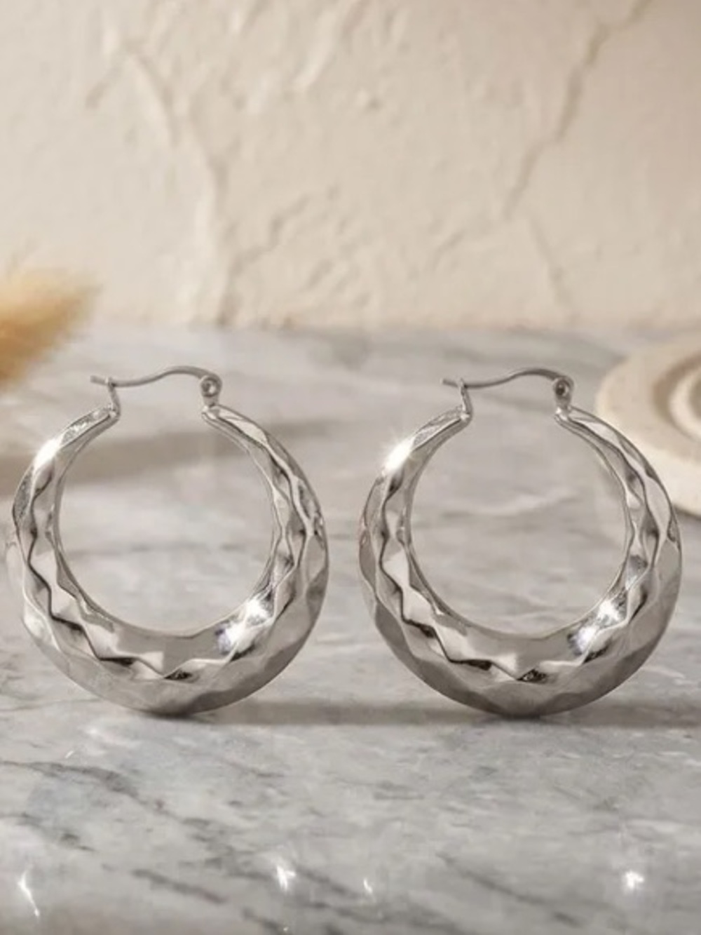 1.5in. Stainless Steel Textured Crescent Diamond Cut Silver Hoop Earrings